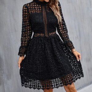 Black Boho Womens' Long Sleeve Guipure Lace Dress